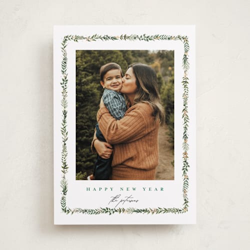 This is a spruce foil pressed holiday cards with foil pressed by Susan Moyal called holly & jolly printing on recycled smooth signature in standard