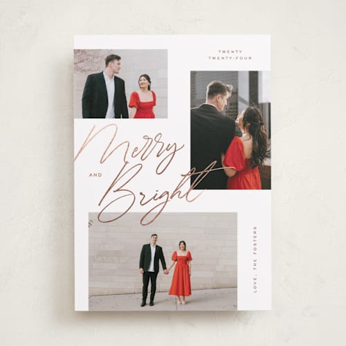 This is a burgundy foil pressed holiday cards with foil pressed by Michelle Taylor called scattered trio printing on recycled smooth signature in standard