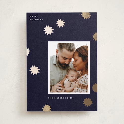 This is a night foil pressed holiday cards with foil pressed by Sumak Studio called night sky printing on recycled smooth signature in standard