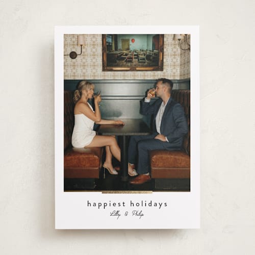 This is a cinder foil pressed holiday cards with foil pressed by Melanie Kosuge called moderne printing on recycled smooth signature in standard