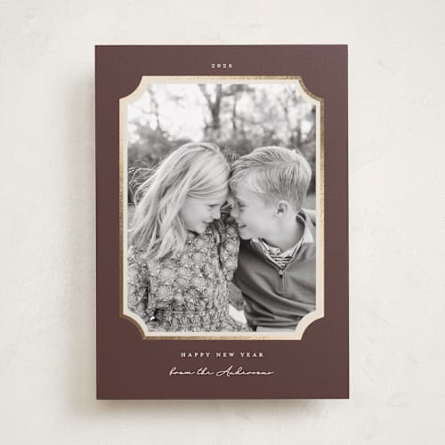 This is a pinecone foil pressed holiday cards with foil pressed by Emily Betts called classic corners printing on recycled smooth signature in standard