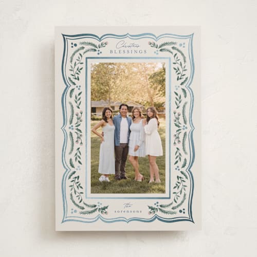 This is a sapphire foil pressed holiday cards with foil pressed by Chris Griffith called scalloped edge holiday printing on recycled smooth signature in standard