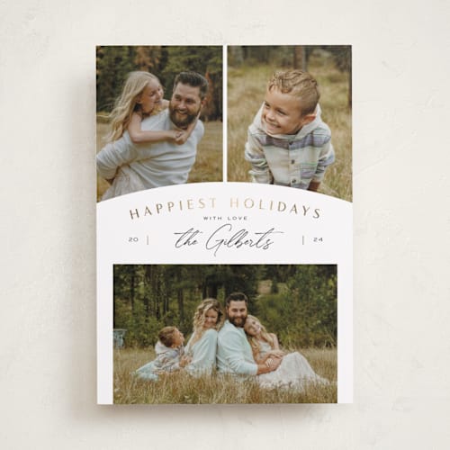 This is a checkers foil pressed holiday cards with foil pressed by Michelle Taylor called modern trio printing on recycled smooth signature in standard