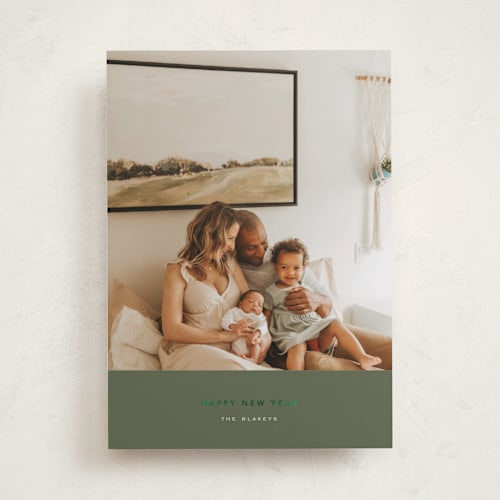 This is a olive foil pressed holiday cards with foil pressed by chocomocacino called konpeito printing on recycled smooth signature in standard