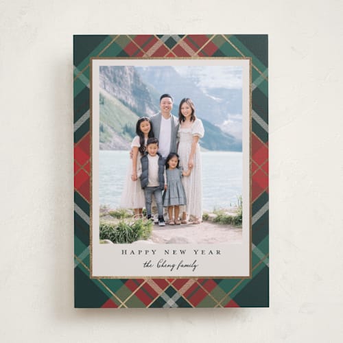 This is a coal foil pressed holiday cards with foil pressed by Petra Kern called fancy plaid printing on recycled smooth signature in standard