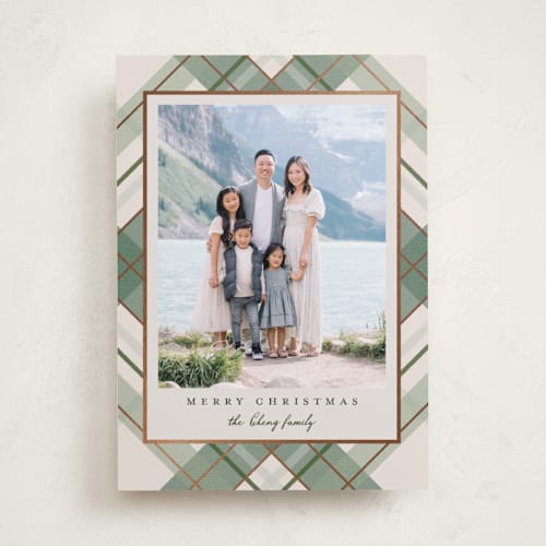 This is a vanilla foil pressed holiday cards with foil pressed by Petra Kern called fancy plaid printing on recycled smooth signature in standard