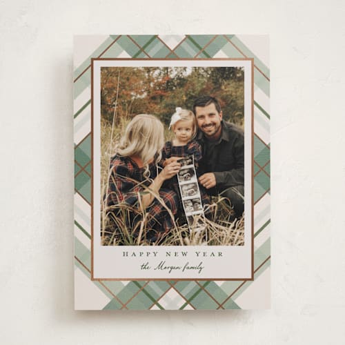 This is a vanilla foil pressed holiday cards with foil pressed by Petra Kern called fancy plaid printing on recycled smooth signature in standard