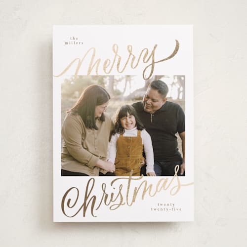 This is a golden foil pressed holiday cards with foil pressed by Elsa Duncan called merry christmas foil printing on recycled smooth signature in standard