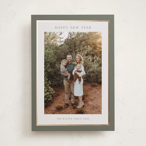 This is a sage foil pressed holiday cards with foil pressed by Nicole Walsh called foil frame printing on recycled smooth signature in standard