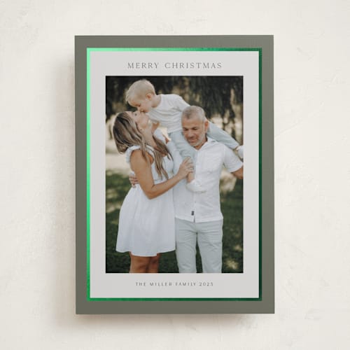 This is a sage foil pressed holiday cards with foil pressed by Nicole Walsh called foil frame printing on recycled smooth signature in standard