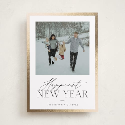 This is a snow foil pressed holiday cards with foil pressed by Carolyn Nicks called delicate frame printing on recycled smooth signature in standard