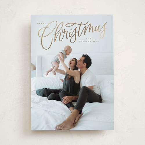 This is a champagne foil pressed holiday cards with foil pressed by Erin German called picture perfect printing on recycled smooth signature in standard