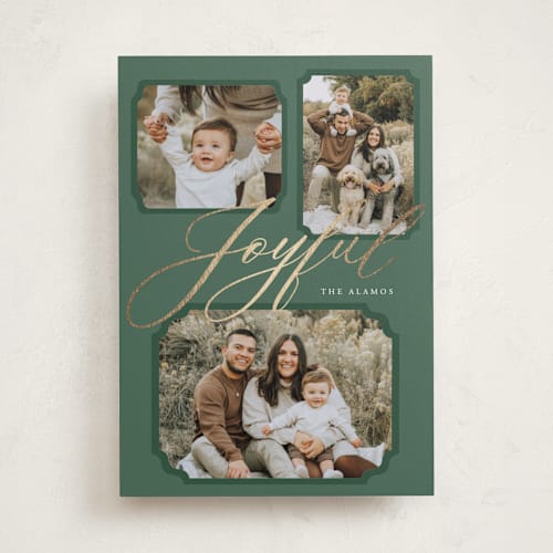 This is a evergreen foil pressed holiday cards with foil pressed by Lindsay Megahed called joyful trio printing on recycled smooth signature in standard