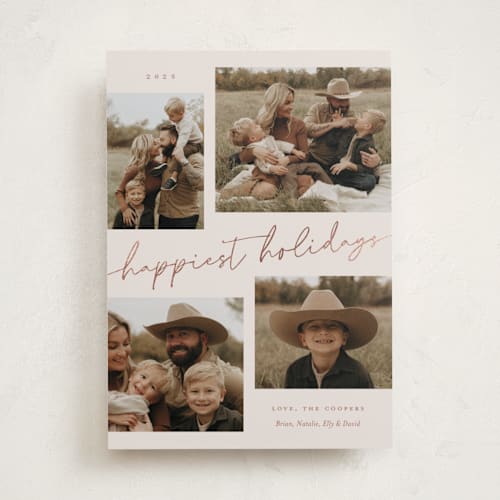 This is a taupe foil pressed holiday cards with foil pressed by Sarah Curry called minimal holiday gallery printing on recycled smooth signature in standard