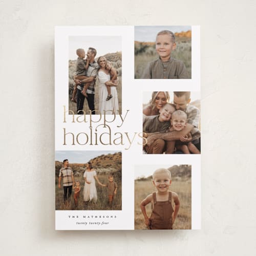 This is a snow foil pressed holiday cards with foil pressed by Kelly Schmidt called happy overlap printing on recycled smooth signature in standard