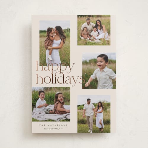 This is a linen foil pressed holiday cards with foil pressed by Kelly Schmidt called happy overlap printing on recycled smooth signature in standard