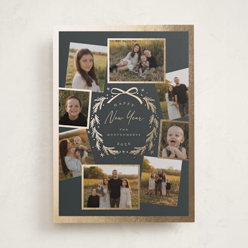 This is a chimney smoke foil pressed holiday cards with foil pressed by Petra Kern called family wreath printing on recycled smooth signature in standard