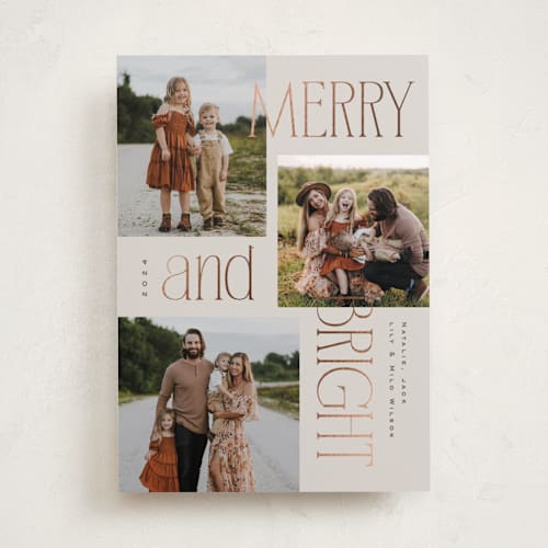 This is a chai foil pressed holiday cards with foil pressed by Owl and Toad called modern collage printing on recycled smooth signature in standard