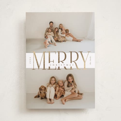 This is a snow foil pressed holiday cards with foil pressed by Brianne Larsen called big merry printing on recycled smooth signature in standard