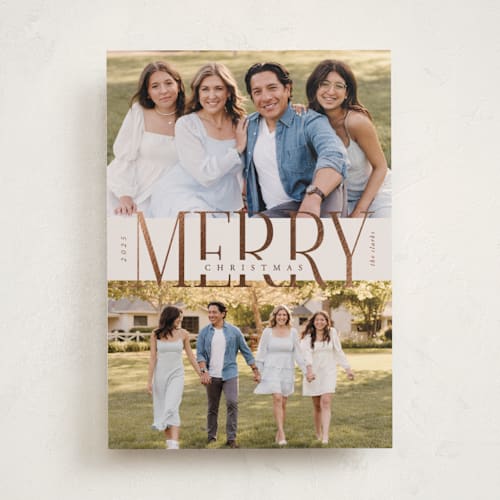 This is a snickerdoodle foil pressed holiday cards with foil pressed by Brianne Larsen called big merry printing on recycled smooth signature in standard