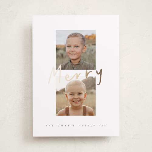 This is a snow foil pressed holiday cards with foil pressed by Chryssi Tsoupanarias called merry duo printing on recycled smooth signature in standard