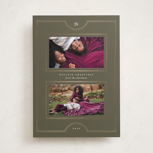 This is a olive foil pressed holiday cards with foil pressed by Heather Cairl called framed photos printing on recycled smooth signature in standard