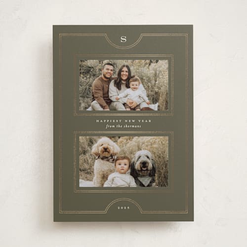 This is a olive foil pressed holiday cards with foil pressed by Heather Cairl called framed photos printing on recycled smooth signature in standard