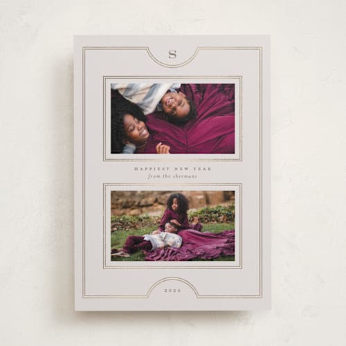 This is a ivory foil pressed holiday cards with foil pressed by Heather Cairl called framed photos printing on recycled smooth signature in standard