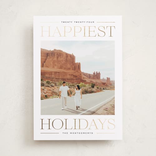 This is a licorice foil pressed holiday cards with foil pressed by Ekko Studio called modern editorial printing on recycled smooth signature in standard