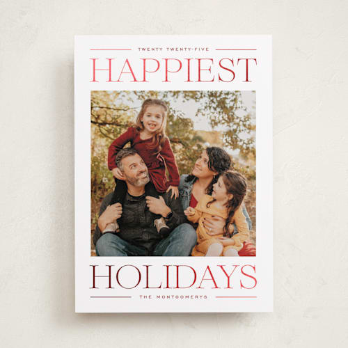 This is a cranberry foil pressed holiday cards with foil pressed by Ekko Studio called modern editorial printing on recycled smooth signature in standard
