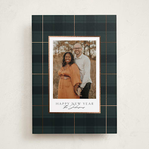 This is a blue spruce foil pressed holiday cards with foil pressed by Kate Ahn called chic plaid printing on recycled smooth signature in standard