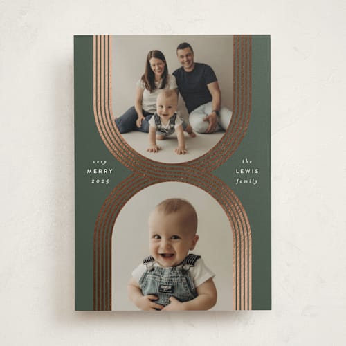 This is a juniper foil pressed holiday cards with foil pressed by Leah Bisch called criss cross printing on recycled smooth signature in standard