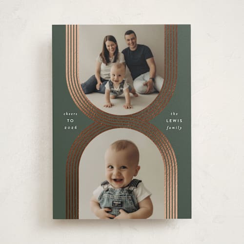 This is a juniper foil pressed holiday cards with foil pressed by Leah Bisch called criss cross printing on recycled smooth signature in standard