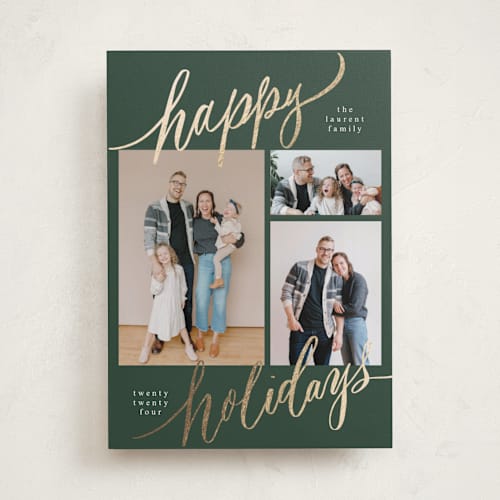 This is a spruce foil pressed holiday cards with foil pressed by Elsa Duncan called tri-photo happy holidays printing on recycled smooth signature in standard
