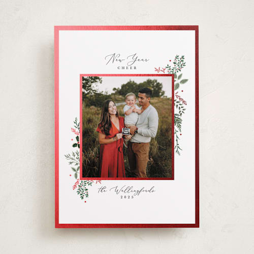 This is a crimson foil pressed holiday cards with foil pressed by Susan Moyal called wisp of greenery printing on recycled smooth signature in standard