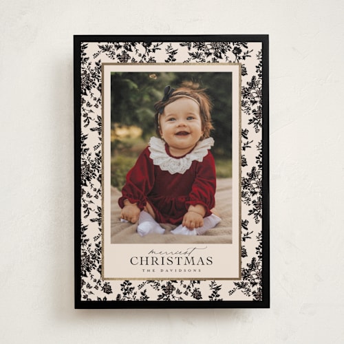 This is a coal foil pressed holiday cards with foil pressed by Jenna Holcomb called merry floral toile printing on recycled smooth signature in standard