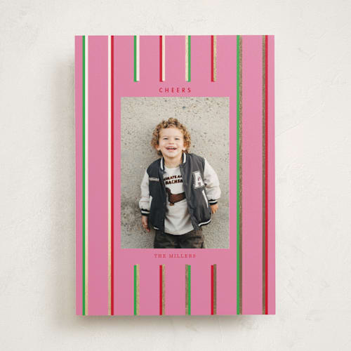 This is a peony foil pressed holiday cards with foil pressed by Baumbirdy called colorful stripes printing on recycled smooth signature in standard