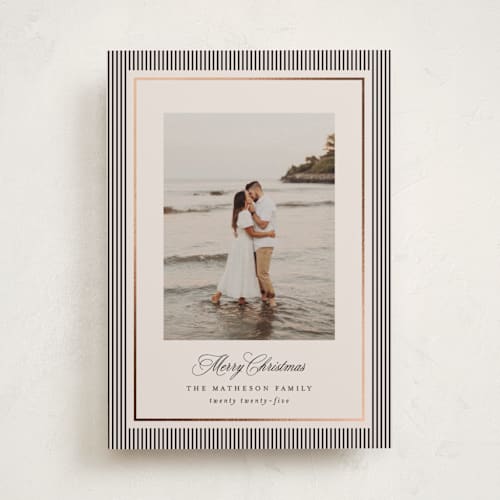 This is a linen foil pressed holiday cards with foil pressed by Kelly Schmidt called striped elegance printing on recycled smooth signature in standard