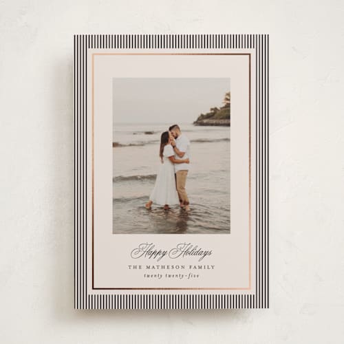 This is a linen foil pressed holiday cards with foil pressed by Kelly Schmidt called striped elegance printing on recycled smooth signature in standard