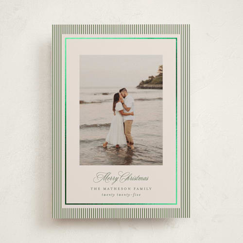 This is a cedar foil pressed holiday cards with foil pressed by Kelly Schmidt called striped elegance printing on recycled smooth signature in standard