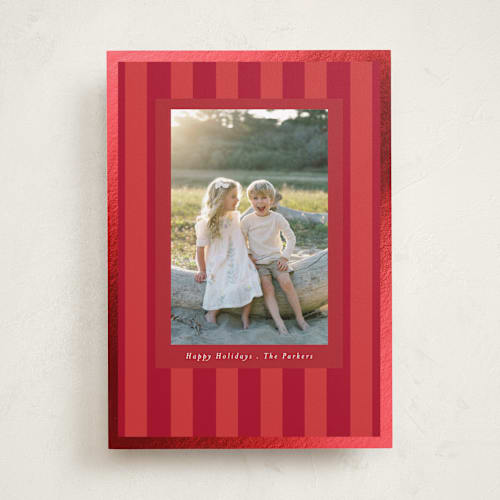This is a poinsettia foil pressed holiday cards with foil pressed by Angela Thompson called linen stripes printing on recycled smooth signature in standard