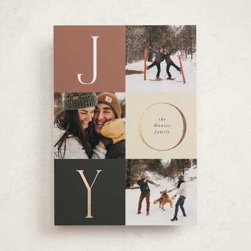 This is a rust foil pressed holiday cards with foil pressed by Nicoletta Savod called joyful trio printing on recycled smooth signature in standard