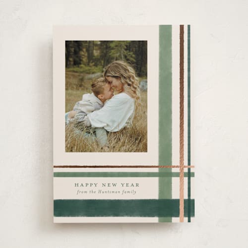 This is a pine foil pressed holiday cards with foil pressed by Kacey Kendrick Wagner called deconstructed plaid printing on recycled smooth signature in standard