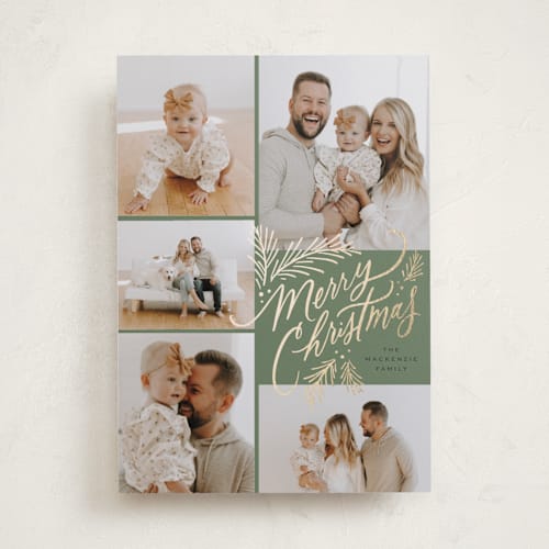 This is a forest foil pressed holiday cards with foil pressed by Wildfield Paper Co called merry stack printing on recycled smooth signature in standard