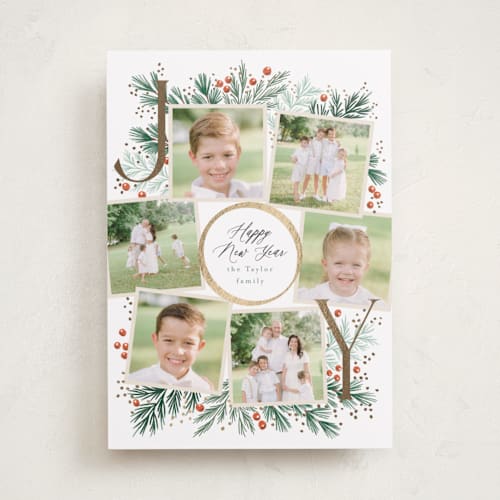 This is a sweet potato foil pressed holiday cards with foil pressed by Alethea and Ruth called joy wreath snapshots printing on recycled smooth signature in standard