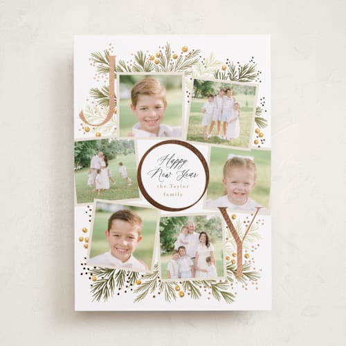 This is a lemon tart foil pressed holiday cards with foil pressed by Alethea and Ruth called joy wreath snapshots printing on recycled smooth signature in standard