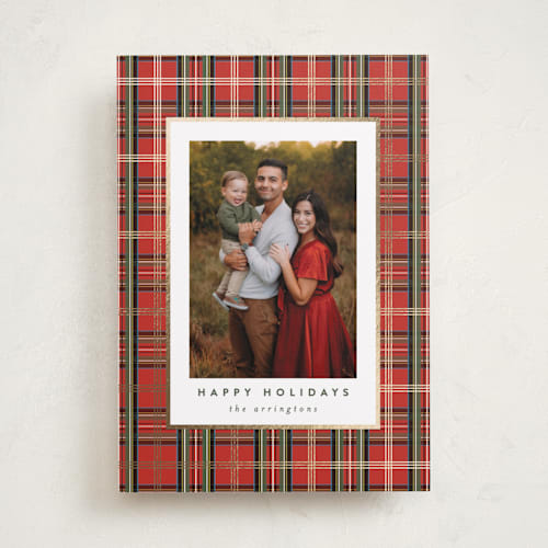 This is a bright berry foil pressed holiday cards with foil pressed by Kristie Kern called plaid shimmer printing on recycled smooth signature in standard