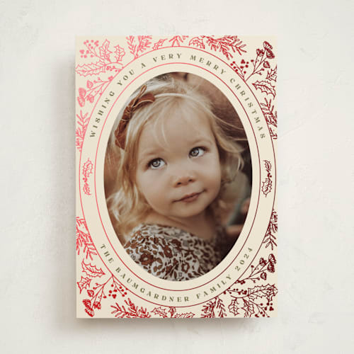 This is a eggnog foil pressed holiday cards with foil pressed by Baumbirdy called engraved floral printing on recycled smooth signature in standard