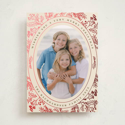 This is a eggnog foil pressed holiday cards with foil pressed by Baumbirdy called engraved floral printing on recycled smooth signature in standard