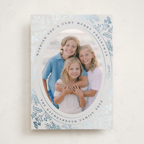 This is a frost foil pressed holiday cards with foil pressed by Baumbirdy called engraved floral printing on recycled smooth signature in standard